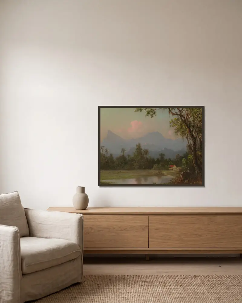 South American Scene With A Cabin av Martin Johnson Heade inramad på en vägg