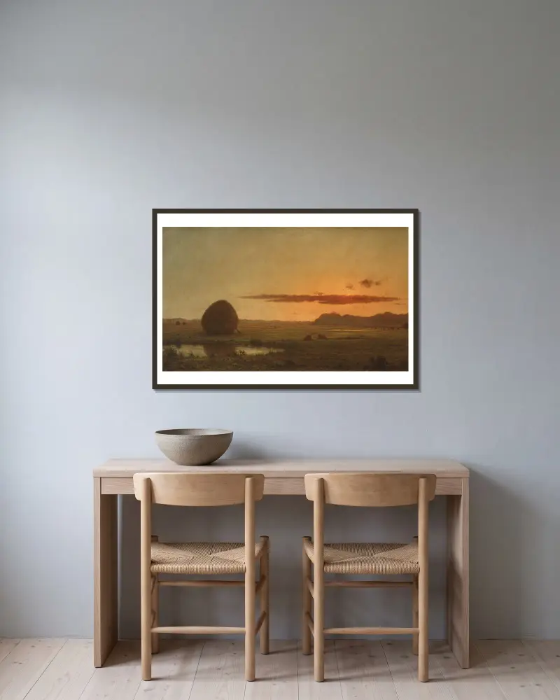 Západ slunce, newburyportské louky, Martin Johnson Heade v rámu na stěně