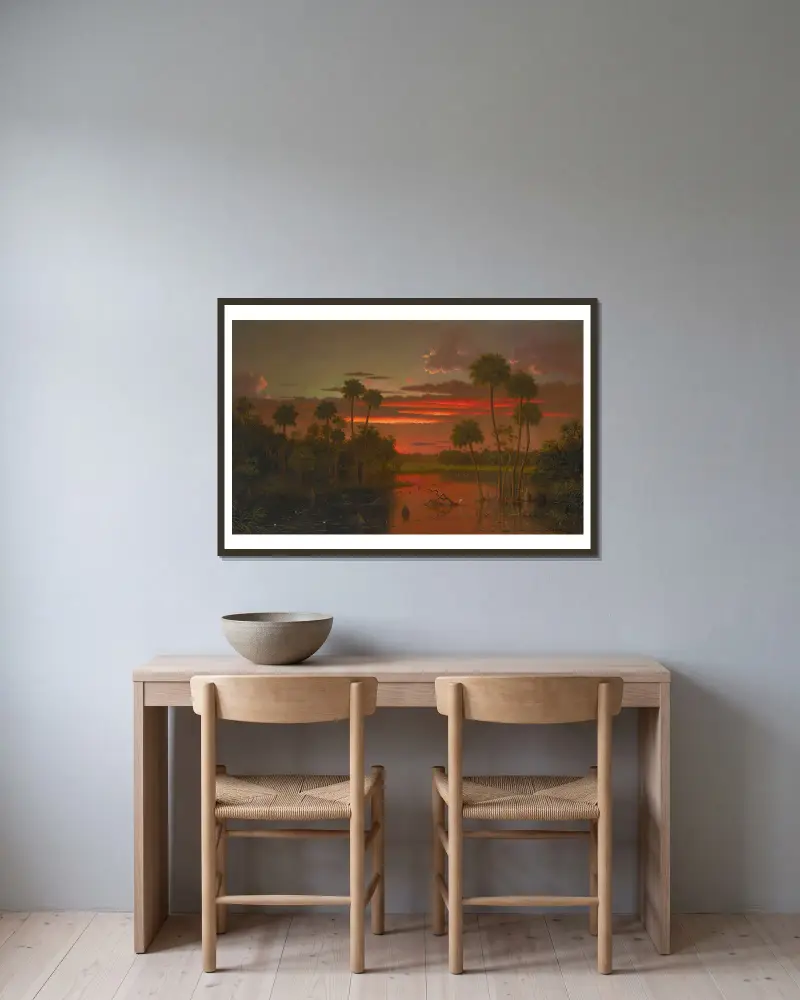 Der große Florida-Sonnenuntergang von Martin Johnson Heade gerahmt an einer Wand