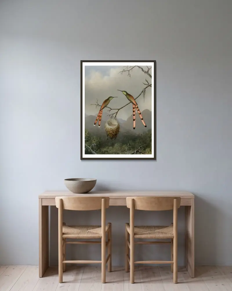 Dwa kolibry z młodymi, Martin Johnson Heade w ramie na ścianie