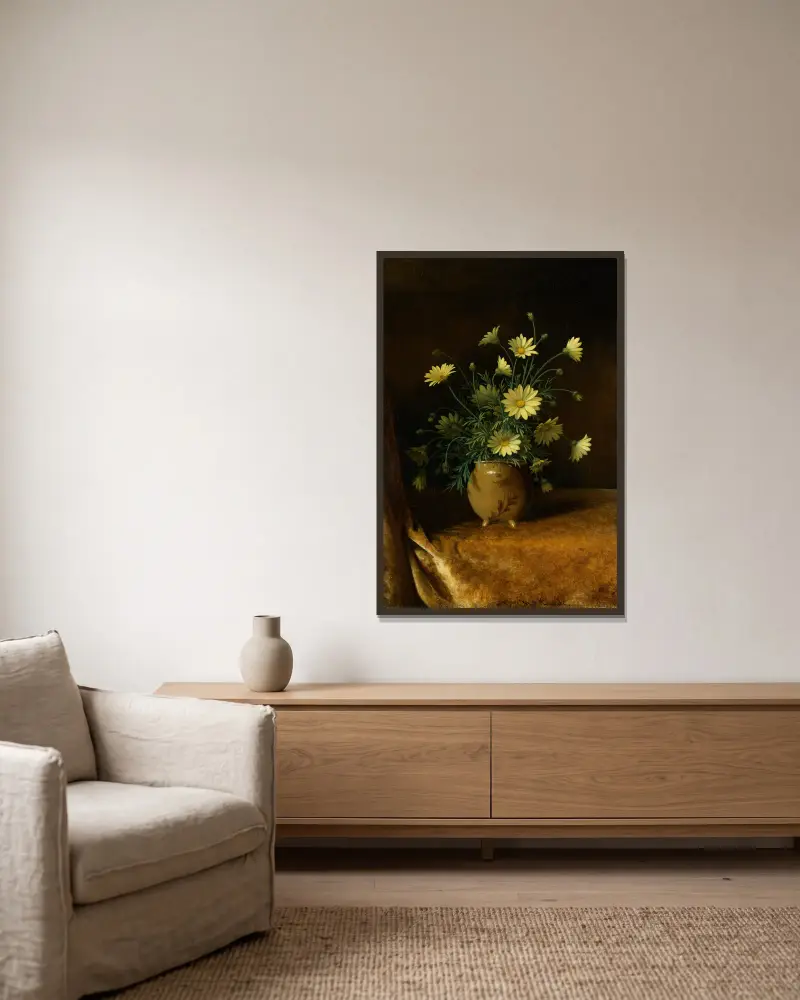 Gula tusenskönor i en brun skål av Martin Johnson Heade inramad på en vägg
