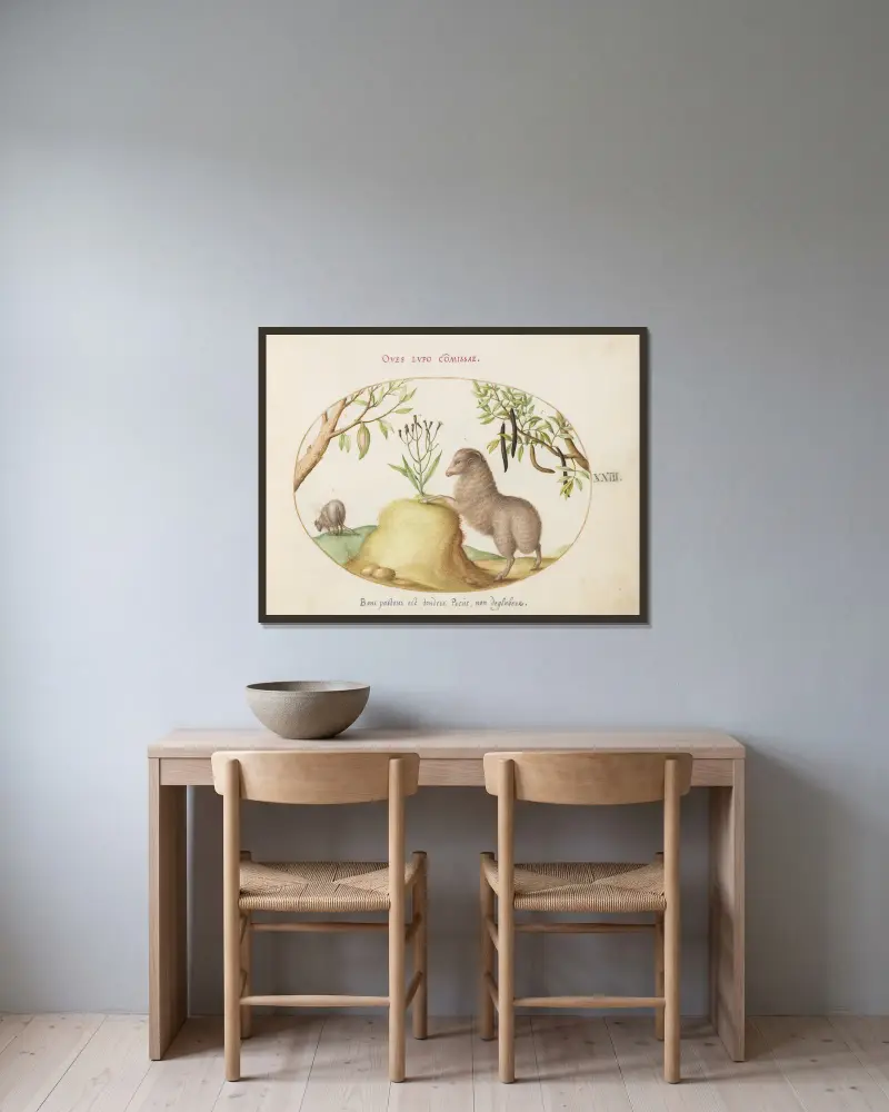 Ein Fettschwanzschaf, ein Schaf mit langem Schwanz, eine ‚Cassia purgatrix‘ und andere Pflanzen von Joris Hoefnagel gerahmt an einer Wand