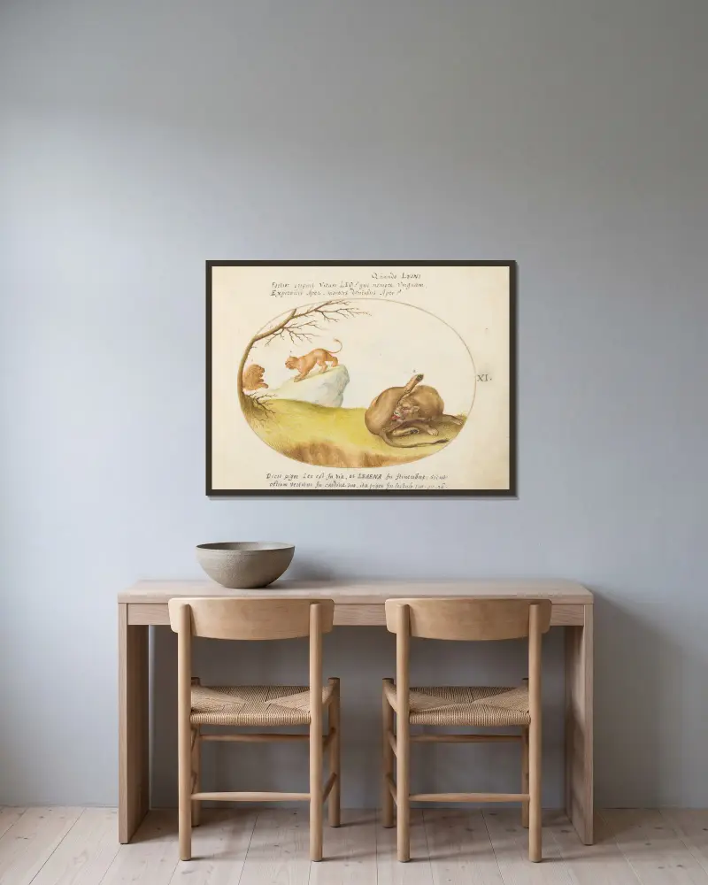 En lejonhona med två lejon i bakgrunden av Joris Hoefnagel inramad på en vägg