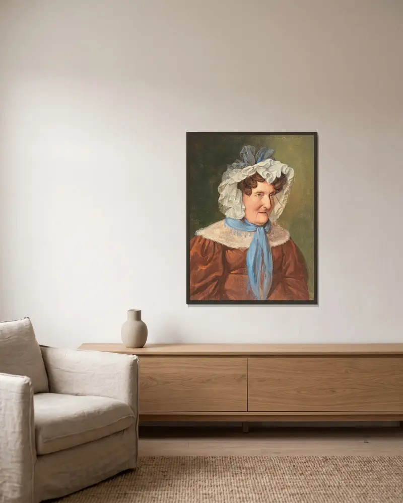 Dame mit Spitzenhaube (Porträt der Frau Drexler) von Josef Danhauser gerahmt an einer Wand