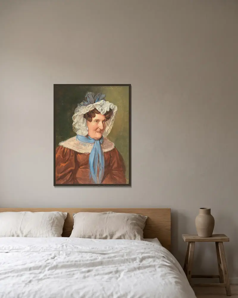 Dame mit Spitzenhaube (Porträt der Frau Drexler) von Josef Danhauser gerahmt an einer Wand