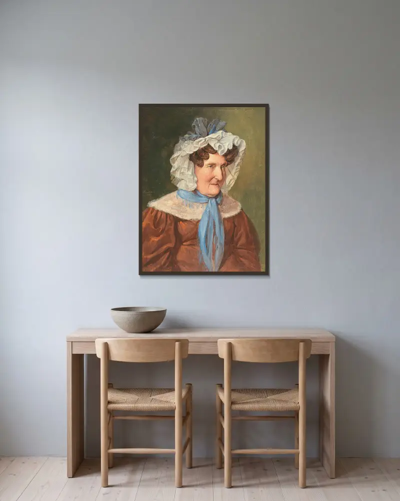 Dame mit Spitzenhaube (Porträt der Frau Drexler) von Josef Danhauser gerahmt an einer Wand