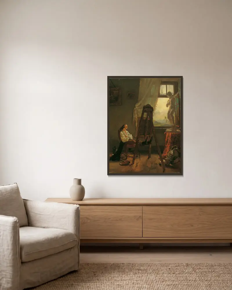 Der eingeschlafene Maler im Atelier av Josef Danhauser inramad på en vägg