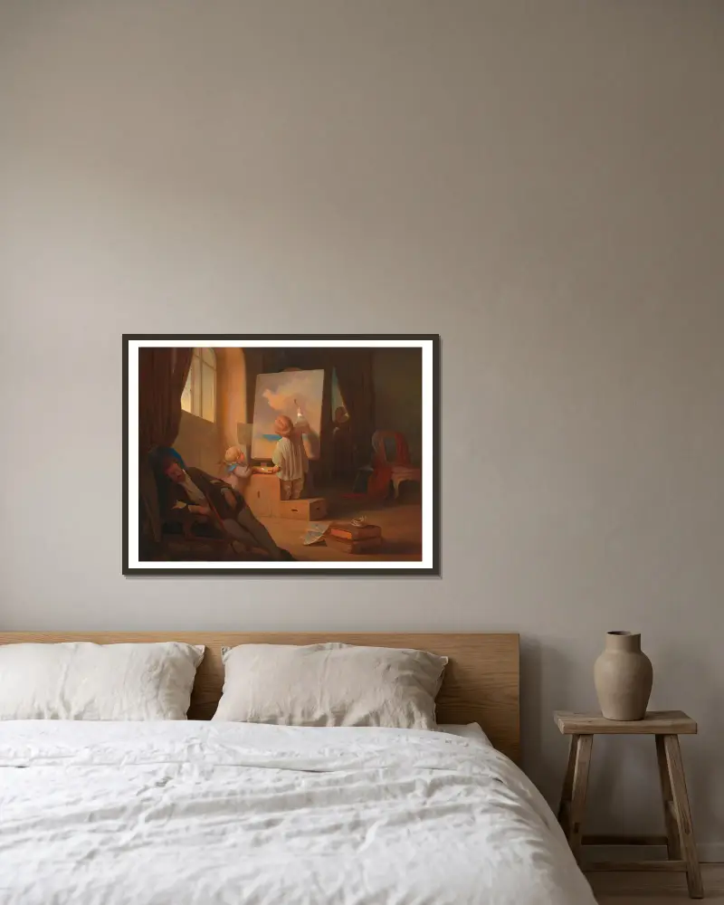 Der schlafende Maler von Josef Danhauser gerahmt an einer Wand