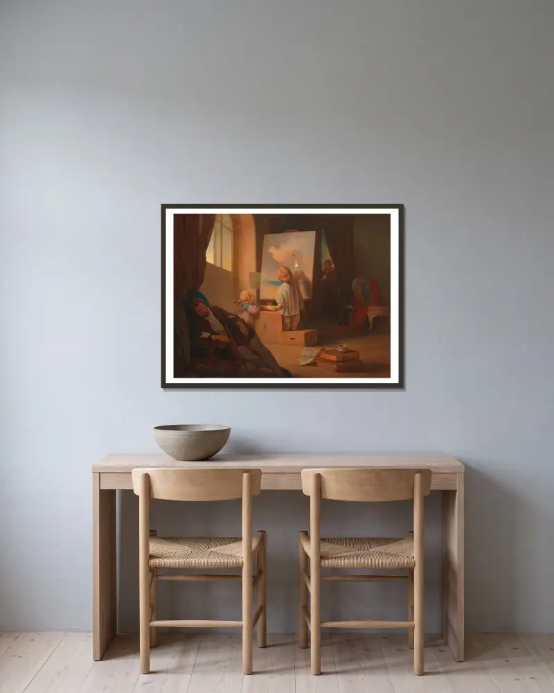 Der schlafende Maler von Josef Danhauser gerahmt an einer Wand
