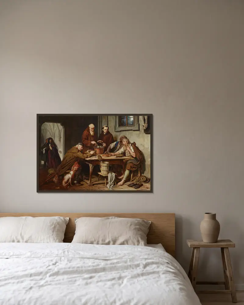 Die Klostersuppe av Josef Danhauser inramad på en vägg