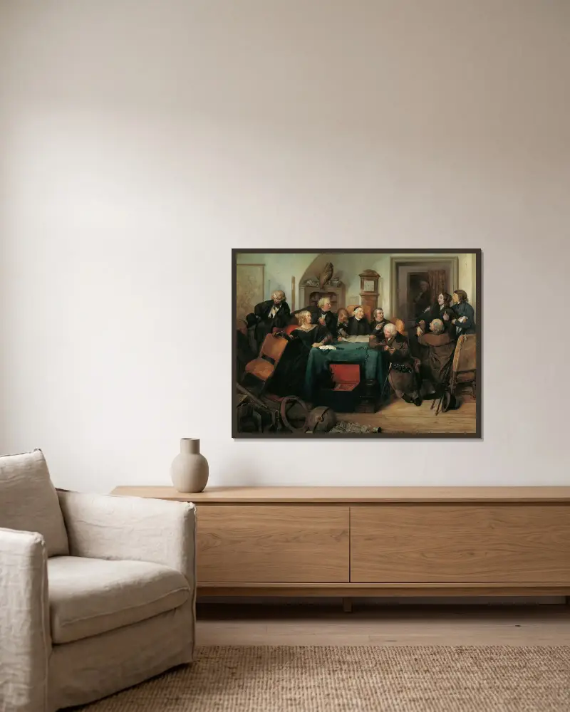 Die Testamentseröffnung von Josef Danhauser gerahmt an einer Wand