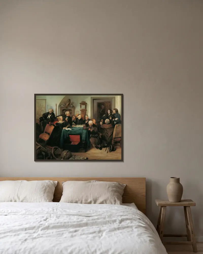 Die Testamentseröffnung von Josef Danhauser gerahmt an einer Wand