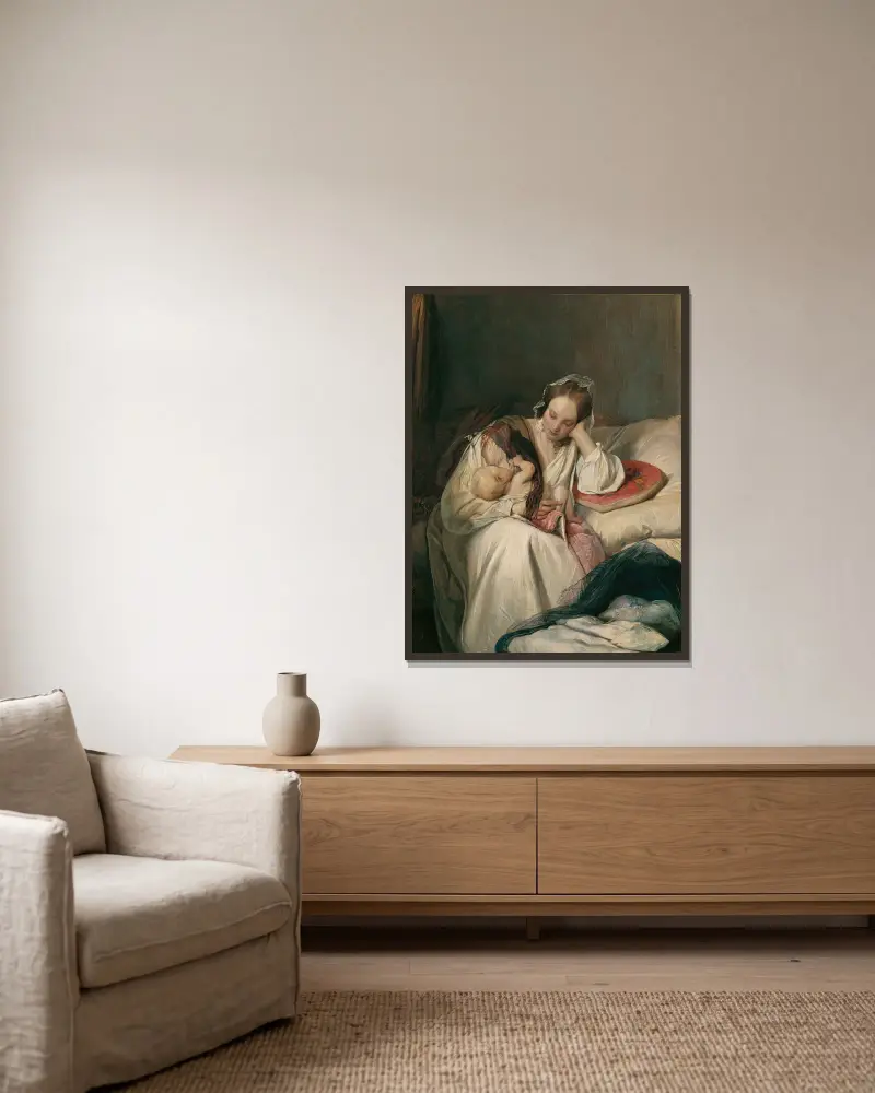 Mutterliebe (Die Gattin des Künstlers mit Kind) von Josef Danhauser gerahmt an einer Wand