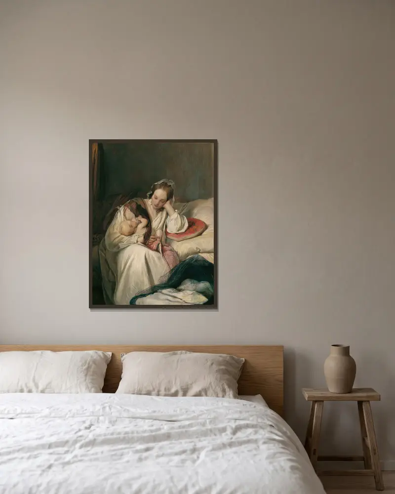 Mutterliebe (Die Gattin des Künstlers mit Kind) von Josef Danhauser gerahmt an einer Wand
