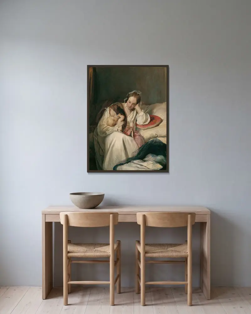 Mutterliebe (Die Gattin des Künstlers mit Kind) von Josef Danhauser gerahmt an einer Wand