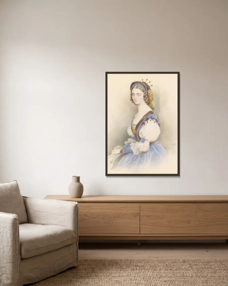 Bildnis einer jungen Dame in blauem Kleid von Josef Kriehuber gerahmt an einer Wand
