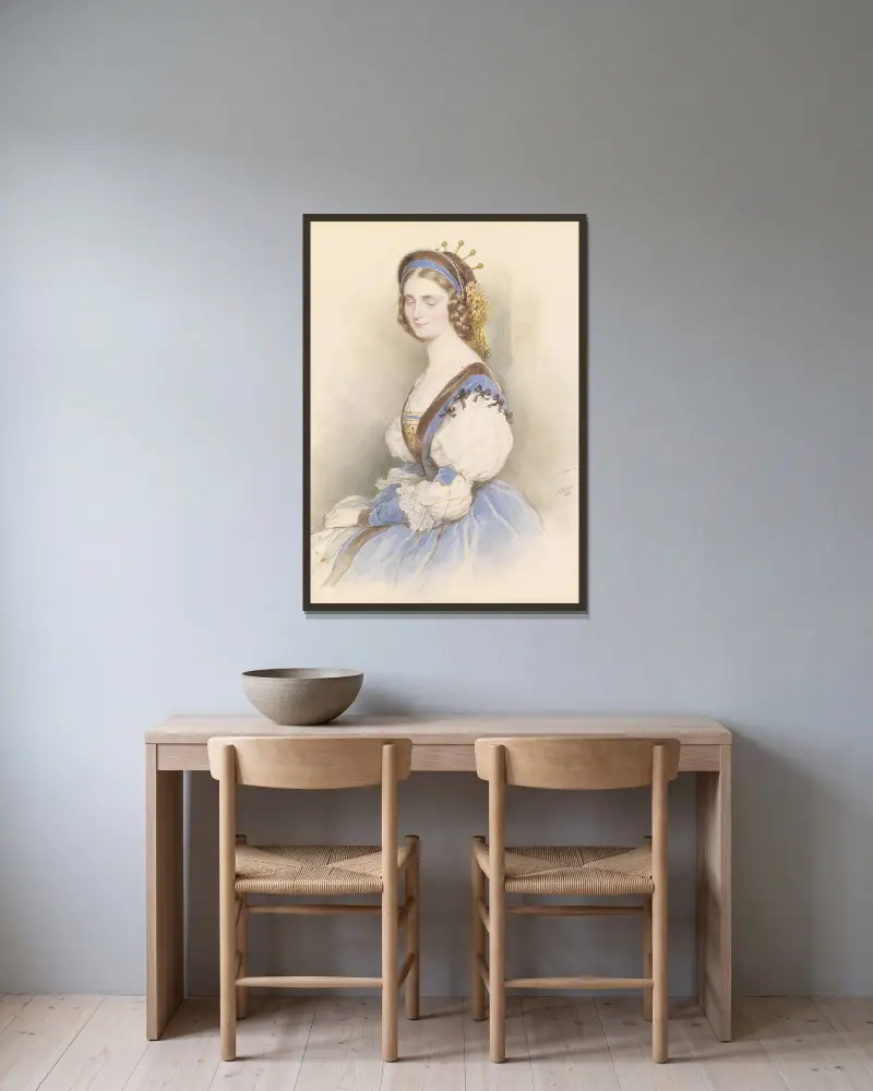 Bildnis einer jungen Dame in blauem Kleid von Josef Kriehuber gerahmt an einer Wand