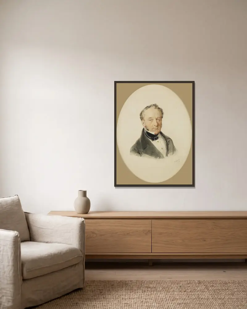 Herrenportrait av Josef Kriehuber inramad på en vägg