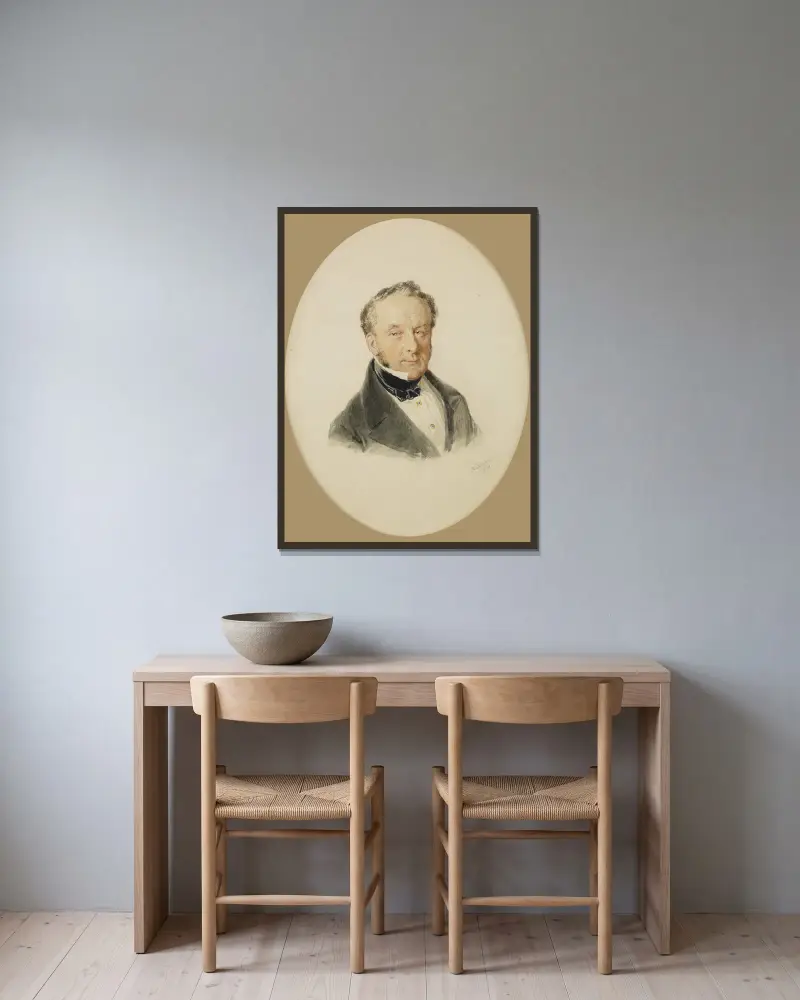 Herrenportrait av Josef Kriehuber inramad på en vägg