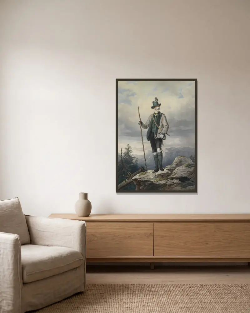 Kaiser Franz Joseph I. im Ischler Jagdkostüm von Josef Kriehuber gerahmt an einer Wand