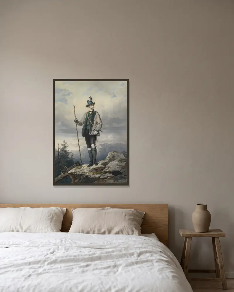 Kaiser Franz Joseph I. im Ischler Jagdkostüm von Josef Kriehuber gerahmt an einer Wand