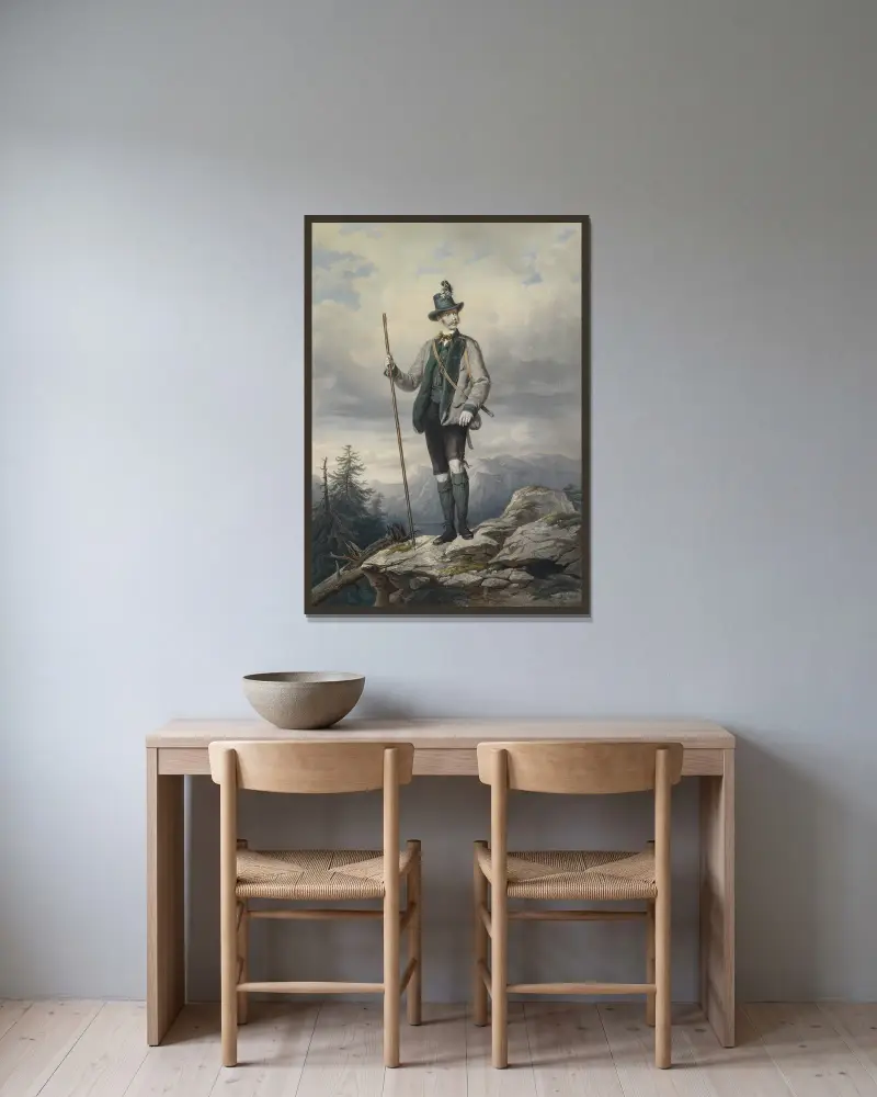 Kaiser Franz Joseph I. im Ischler Jagdkostüm von Josef Kriehuber gerahmt an einer Wand