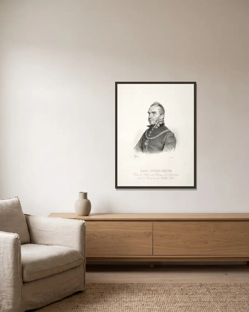 Porträtt av dr Karl Joseph Meyer av Josef Kriehuber inramad på en vägg