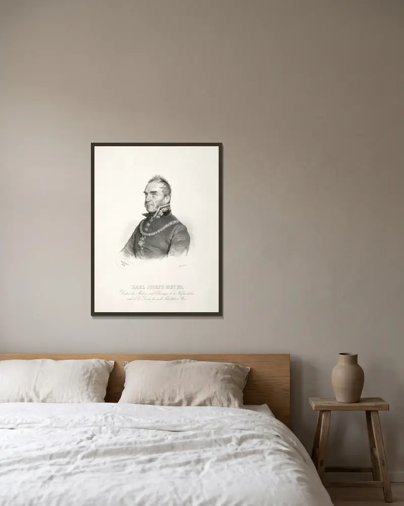Porträtt av dr Karl Joseph Meyer av Josef Kriehuber inramad på en vägg
