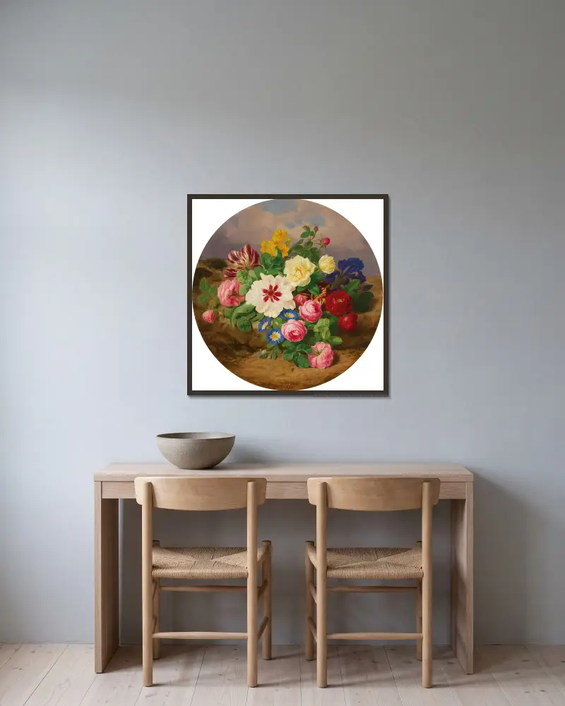 Ein Blumenstrauß aus Rosen, Tulpen und Narzissen auf sandigem Boden von Josef Lauer gerahmt an einer Wand