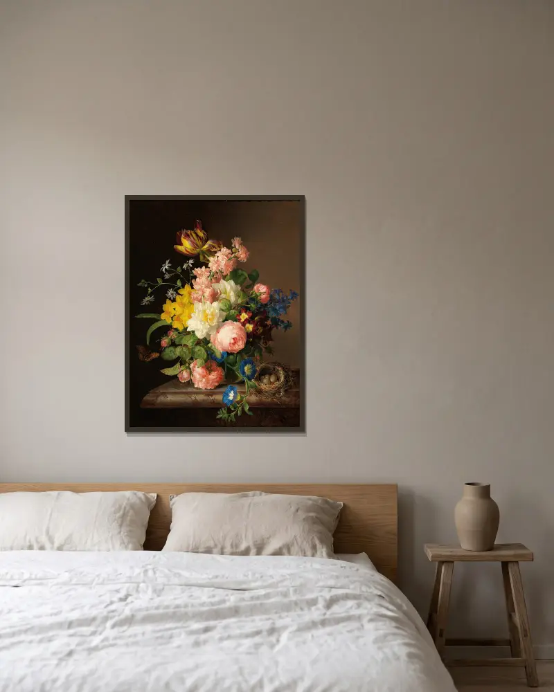 Blumenstrauß mit Vogelnest und Schmetterling von Josef Lauer gerahmt an einer Wand