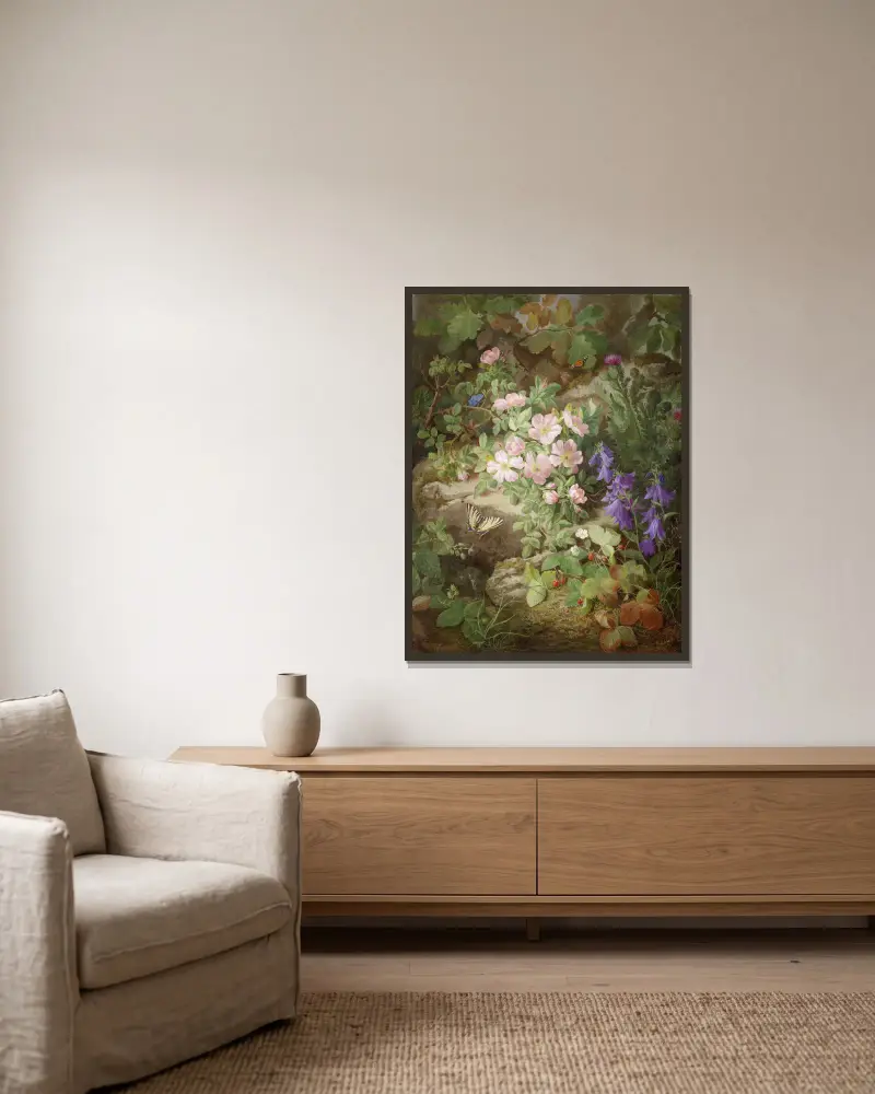 Stort stilleben med alpblommor av Josef Lauer inramad på en vägg