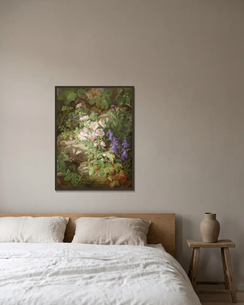 Stort stilleben med alpblommor av Josef Lauer inramad på en vägg