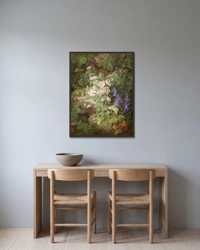 Stort stilleben med alpblommor av Josef Lauer inramad på en vägg