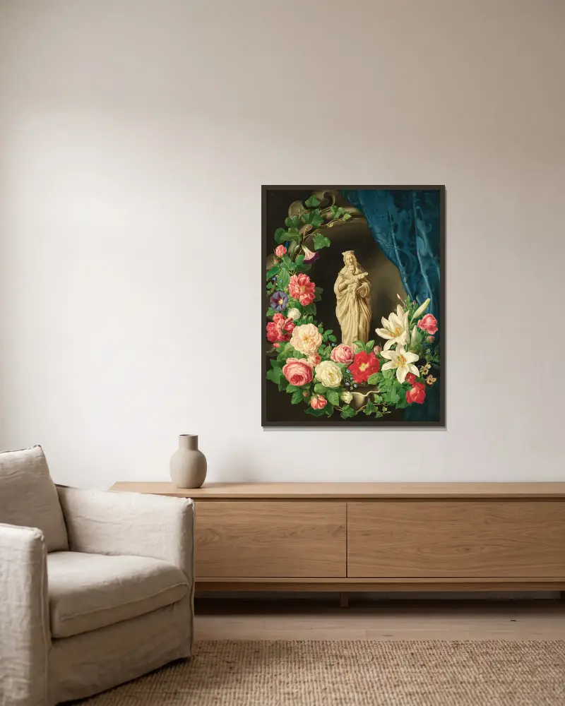 Madonnan med barnet i blomsterslingor av rosor, liljor och vicker av Josef Lauer inramad på en vägg