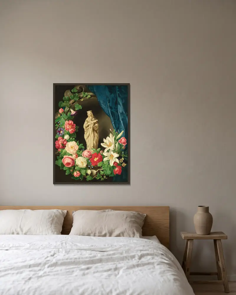Madonnan med barnet i blomsterslingor av rosor, liljor och vicker av Josef Lauer inramad på en vägg