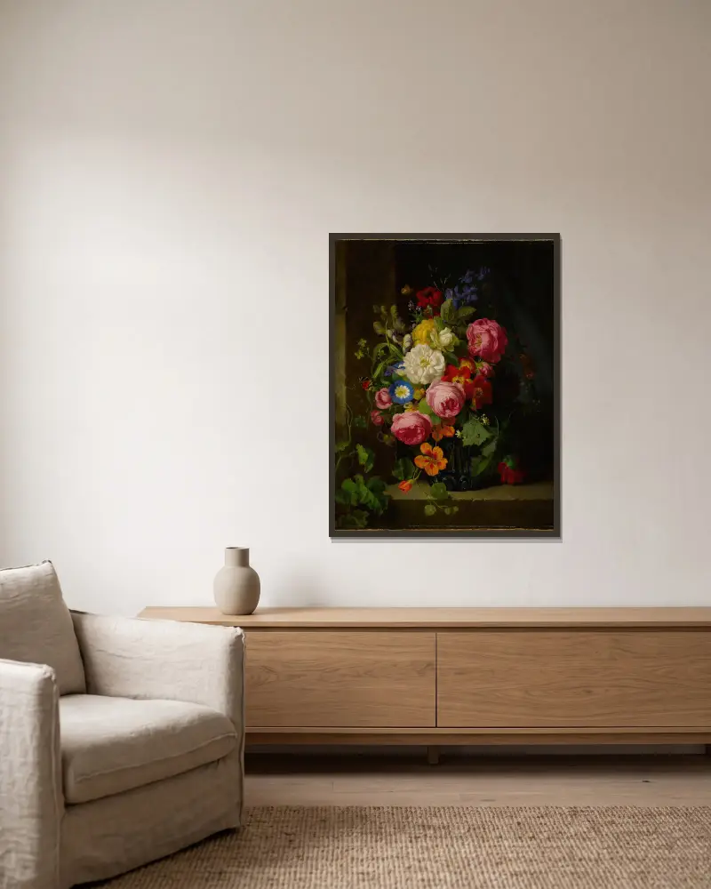 Blomsterstilleben i en blå kristallvas av Josef Lauer inramad på en vägg