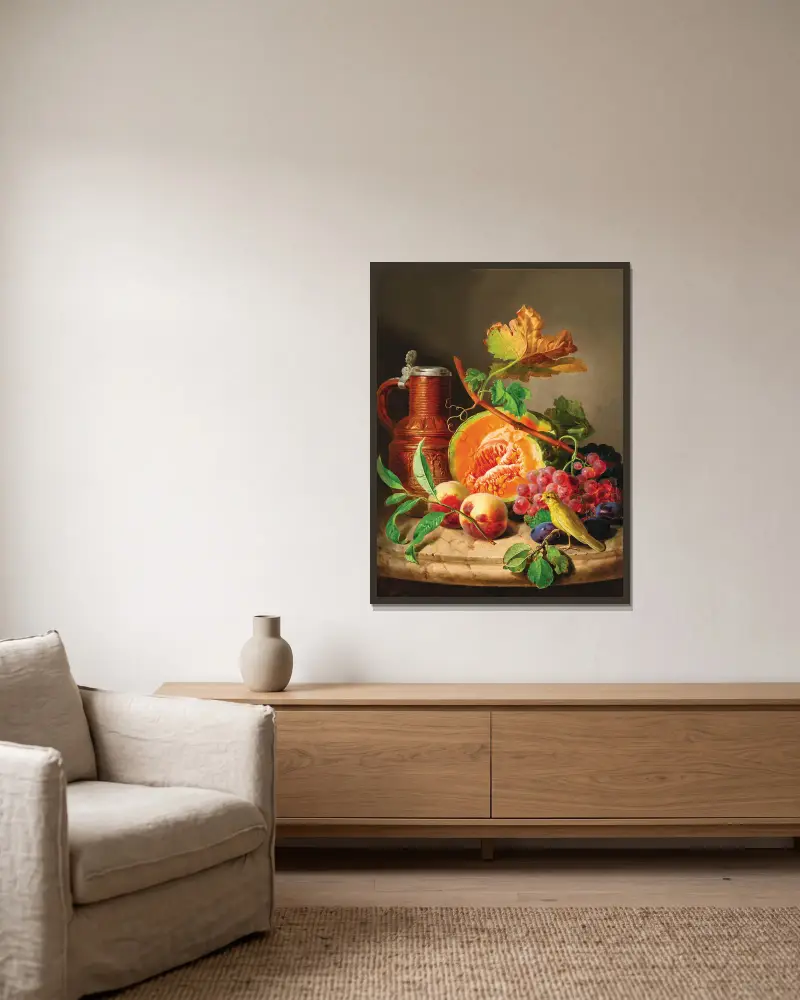 Stillleben auf Marmorplatte mit Kürbis, Trauben, einem Pfirsich und einem Kanarienvogel von Josef Lauer gerahmt an einer Wand