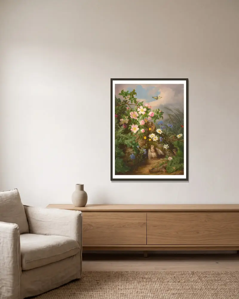 Still life with bird av Josef Lauer inramad på en vägg