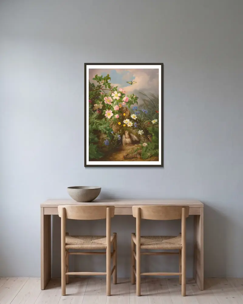 Still life with bird av Josef Lauer inramad på en vägg