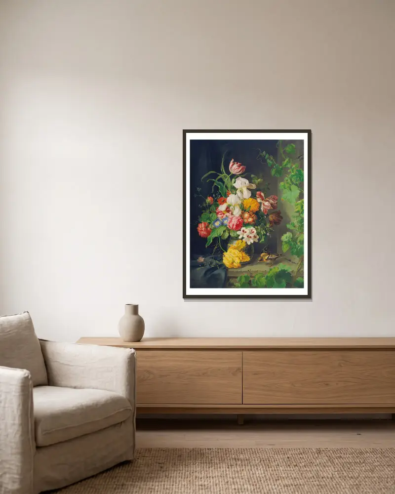 Stilleben med blommor, sparv och vinkvist av Josef Lauer inramad på en vägg