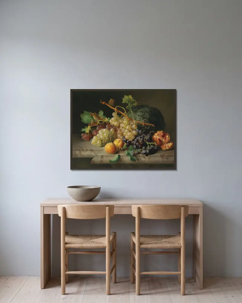 Stilleben med granatäpple, vindruvor och melon av Josef Lauer inramad på en vägg