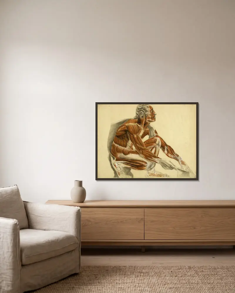 Anatomisk studie. Hukande flådd man åt höger av Arthur-Joseph Gueniot inramad på en vägg