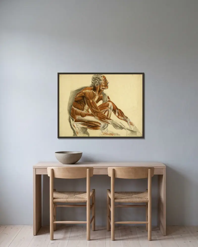 Anatomisk studie. Hukande flådd man åt höger av Arthur-Joseph Gueniot inramad på en vägg