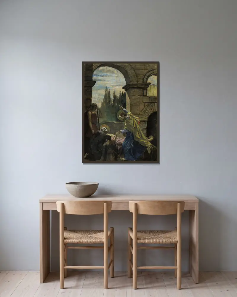 Saint Pierre au chevet de saint Hilaire av Arthur-Joseph Gueniot inramad på en vägg