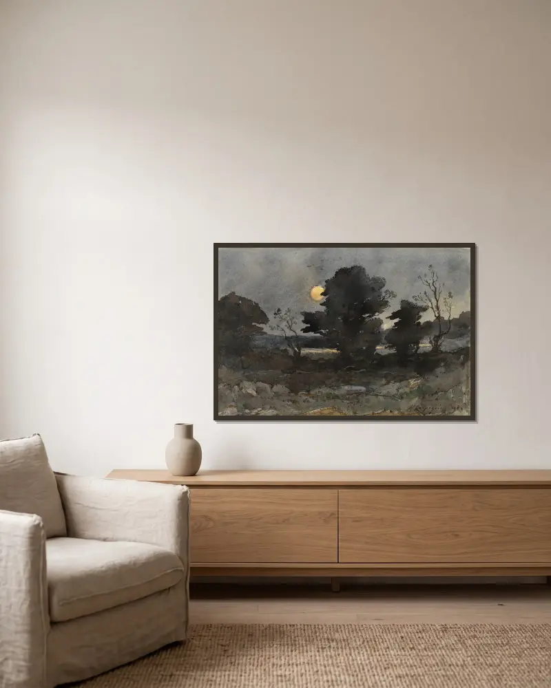 Mondlicht von Henri-Joseph Harpignies gerahmt an einer Wand