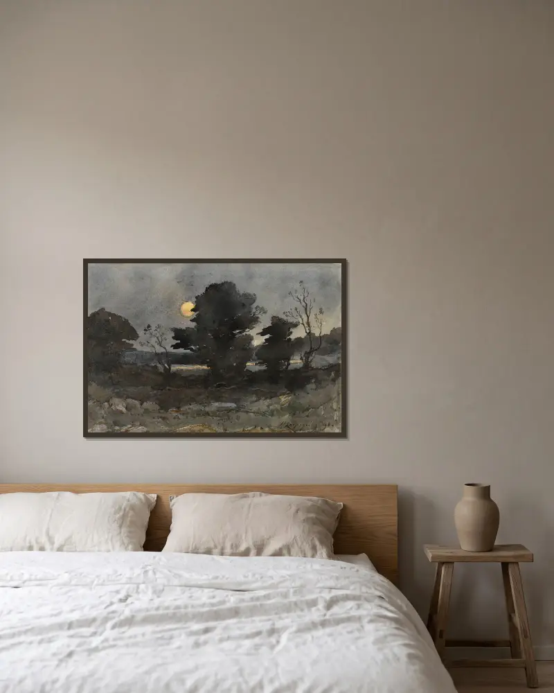 Mondlicht von Henri-Joseph Harpignies gerahmt an einer Wand