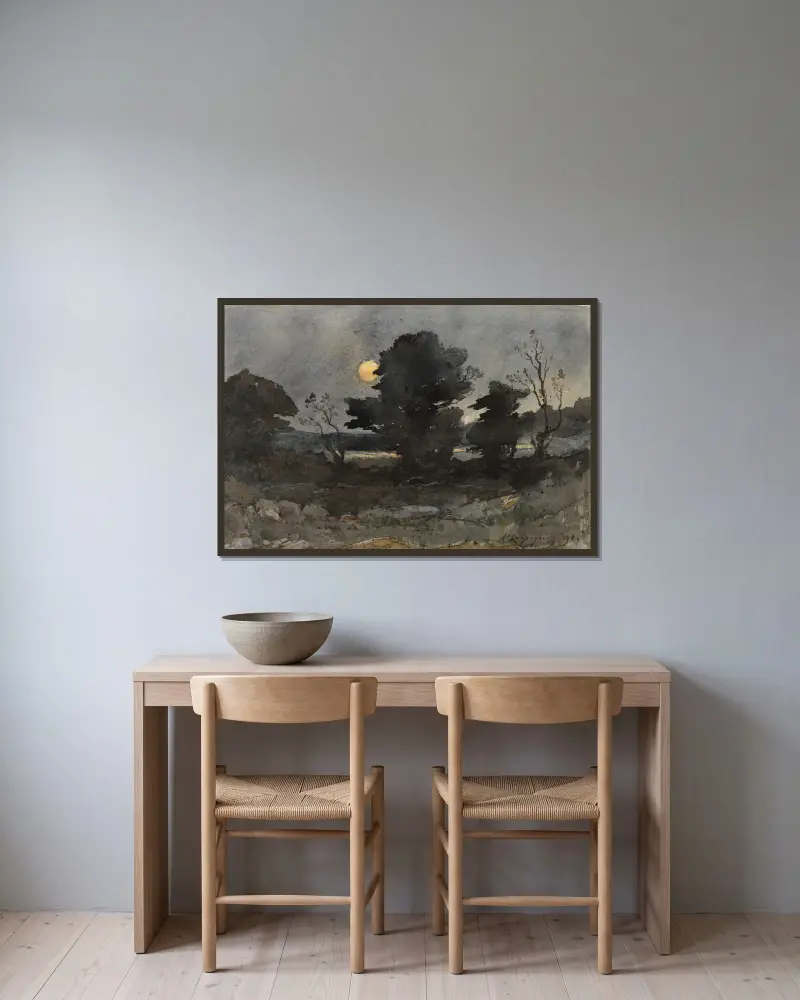 Mondlicht von Henri-Joseph Harpignies gerahmt an einer Wand