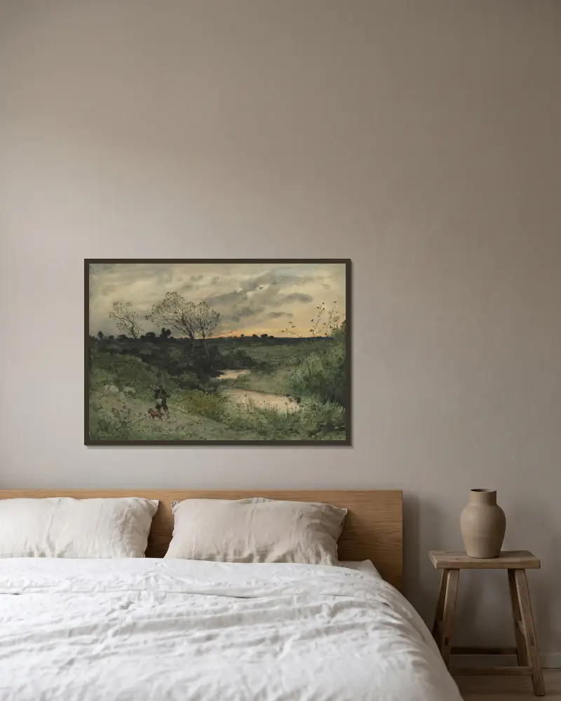 Świt – myśliwy z psem, Henri-Joseph Harpignies w ramie na ścianie