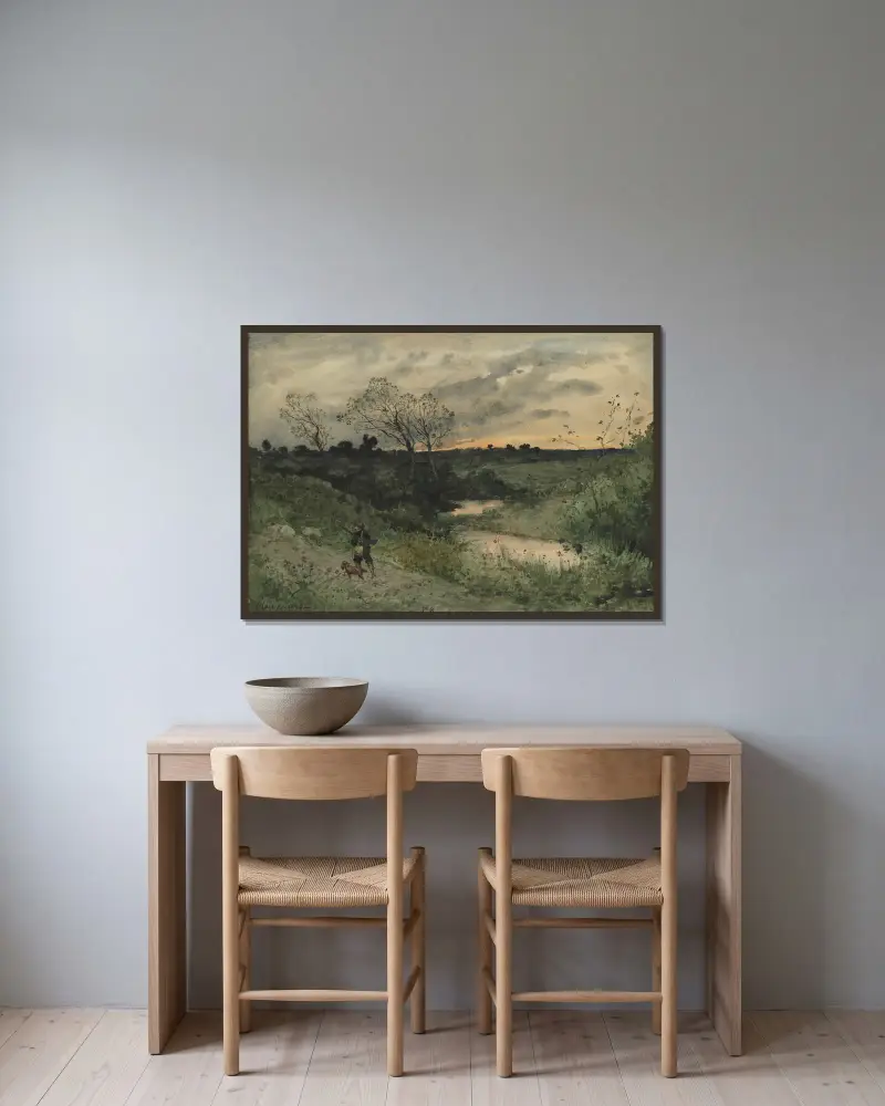 Świt – myśliwy z psem, Henri-Joseph Harpignies w ramie na ścianie