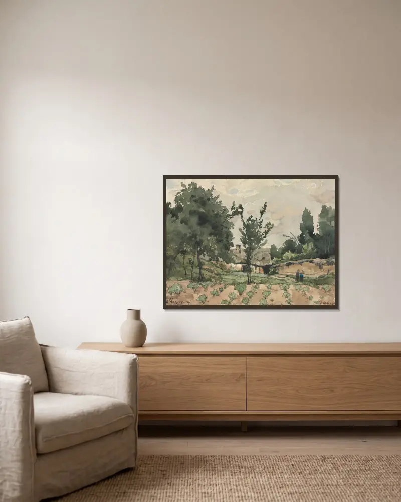 Landschaft mit Bauernhaus von Henri-Joseph Harpignies gerahmt an einer Wand